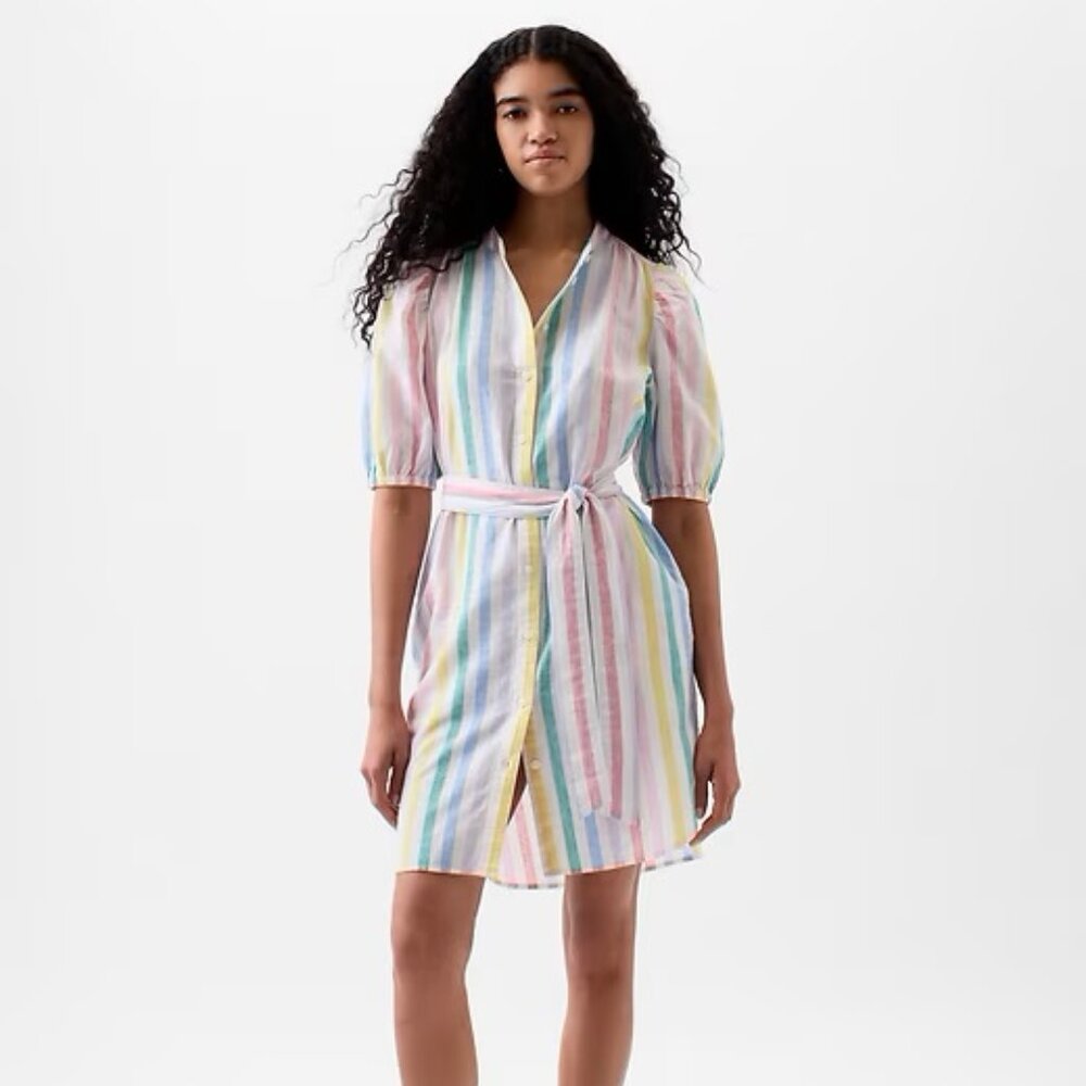 Gap Rainbow Pastel Stripe Linen Puff Sleeve Cotton Dress